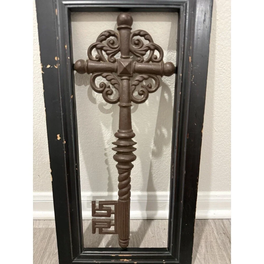 ornate Rustic cast iron skeleton Key Mounted Inside Wooden Frame 22”* 11”* 1”